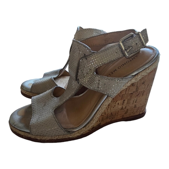 Antonio Melani Wedge Maree Leather Ankle Buckle Strap Open Toe Sz 7.5M - Picture 1 of 12